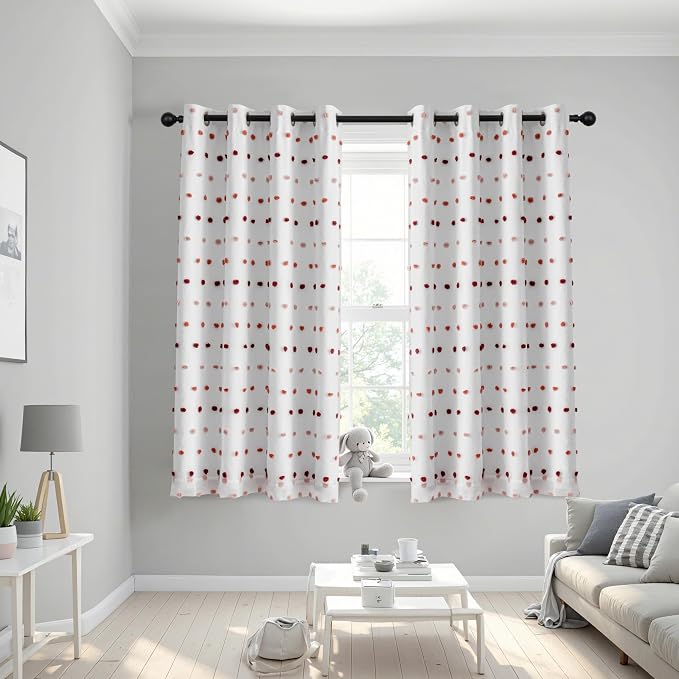 MEETSKY Kids Blackout Curtains for Girls Bedroom 63 Inches Long Colorful Red White Pom Pom Curtains for Nursery Room 2 Panels Small Window Curtains with 2 Layered Room Darkening Grommet,52 x 63 Inch