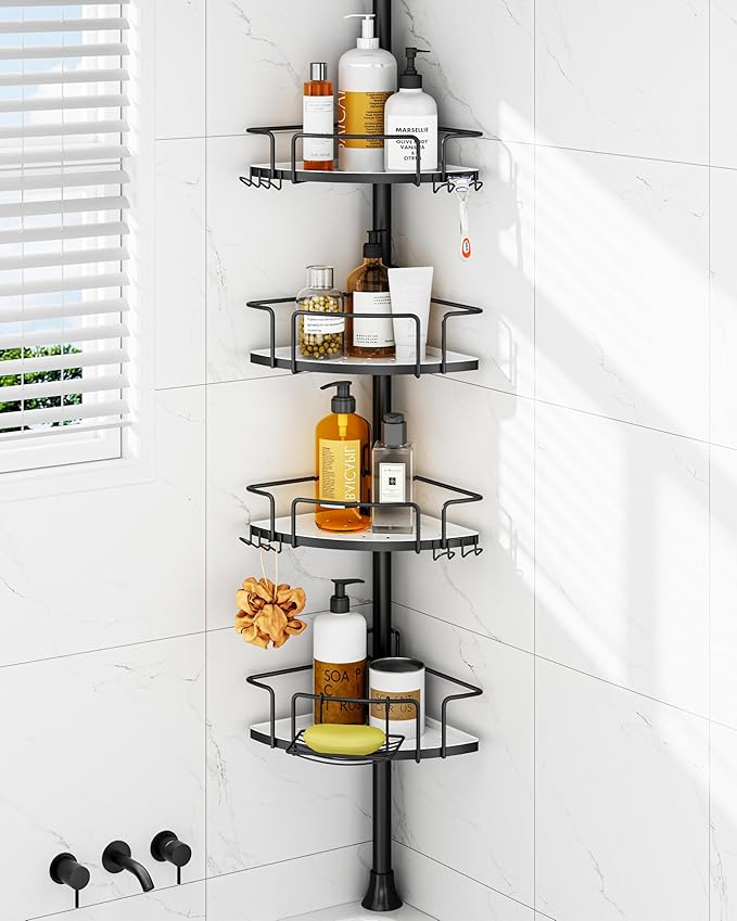 ALLZONE Corner Shower Caddy Tension Pole, 4 Hang-On Basket with Mixed-Height Shelves for Various Bottle Sizes, Extra Hooks & Soap Holder, Rustproof Stainless Steel, Fits 34–116 Inch, Black/White