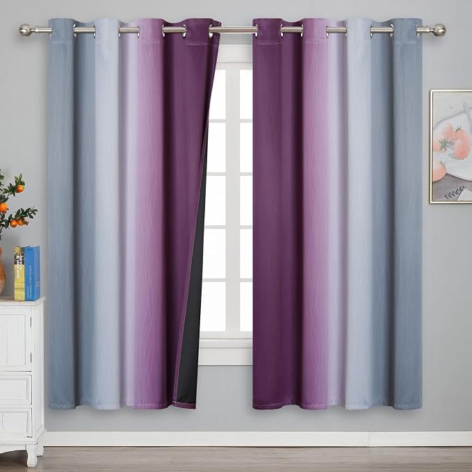 Estelar Textiler Ombre Grey and Purple Blackout Curtains 72 Inch Length 2 Panels, Full Room Darkening Curtains for Living Room, Grommet Thermal Insulated Gradient Drapes for Bedroom, 52x72 Inch