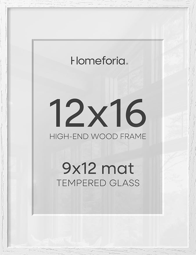 Homeforia 12x16 White Picture Frame, High End Oak 12x16 Wood Poster Frames with Mat 9x12 Print, 12 x 16 White Wooden Frame Matted to 9 by 12 Photo, 16x12 Thin Frame, Tempered Glass, Wall Kit, Set of 3