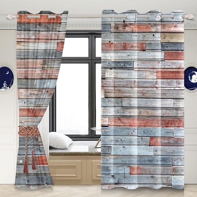 Wooden Curtains Wood Planks Wall Textured Art Print Wooden Window Curtains Grain Cottage Rustic Wooden Barn Door Hardwood Garage Door Living Room Bedroom Window Drapes,53x63 inch,2 Panels