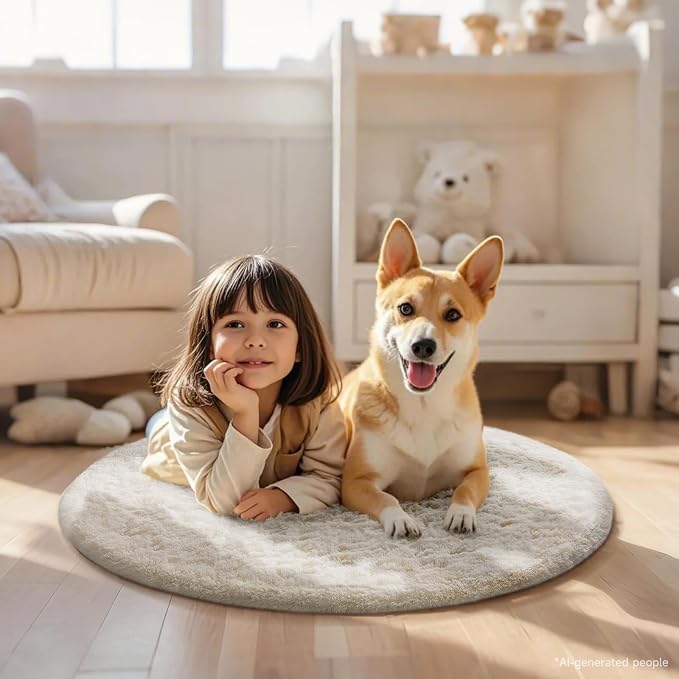 Ophanie Round Rug Ivory Circle Area Rugs Washable, Fluffy Fuzzy Nursery Bedroom Small Carpet, Plush Soft Shaggy Indoor Floor Cream Living Room 2Ft for Kids Home Decor Aesthetic, Nursery
