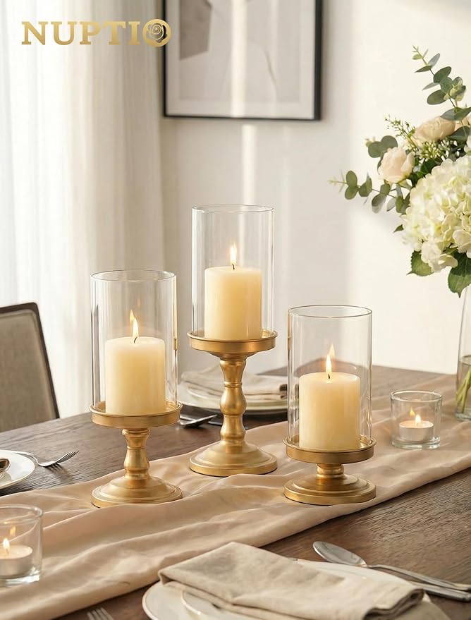 NUPTIO Hurricane Glass Candle Holders: Gold Pillar Candle Stand with Open Ended Chimney - Set of 3 Metal Candleholder for Fireplace Dining Table Centerpiece