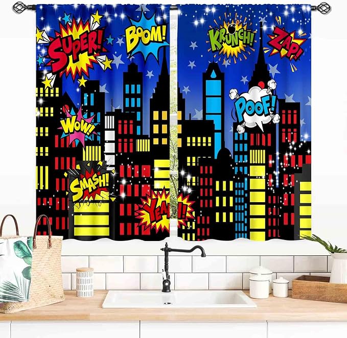 Superhero City Curtains, Comic Night Starry Skyline Cityscape Buildings Comic Blackout Window Curtains for Boys Kids Baby Room Bedroom Living Nursery 2 Panel Sets, 55x39 Inch