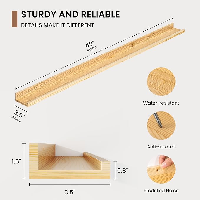 Picture Ledge Shelf, Floating Shelves Set of 2, 48 Inches Solid Wood Nursery Book Shelves for Toys Storage, Kids Bookshelf Wall Mounted for Living Room Bedroom Decor Books Photo Frames, Natural