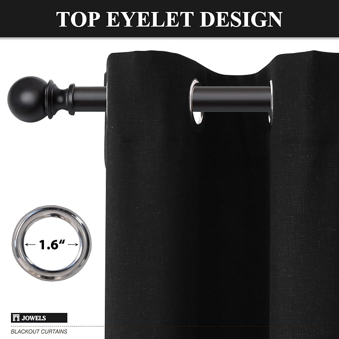 Jowels Black Linen Blackout Curtains 120 Length 2 Panels Set for Living Room Bedroom, 100% Black Out Thermal Insulated Linen Drapes, Room Darkening Grommet Curtains 120 Inches Long