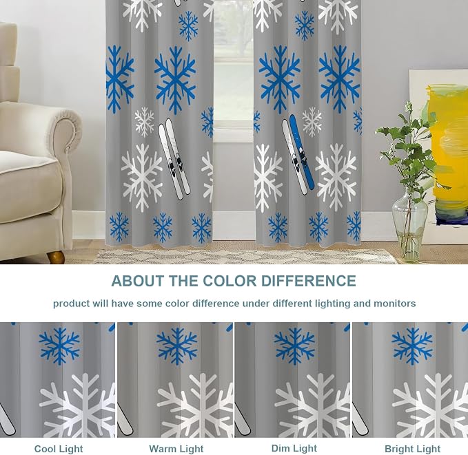 Shrahala Snowflakes Skis Thermal Insulated Blackout Window Curtains, Winter Sports Themed Pattern Long Drapes for Bedroom/Living Room with Plastic Grommet, 52X84 Set of 2
