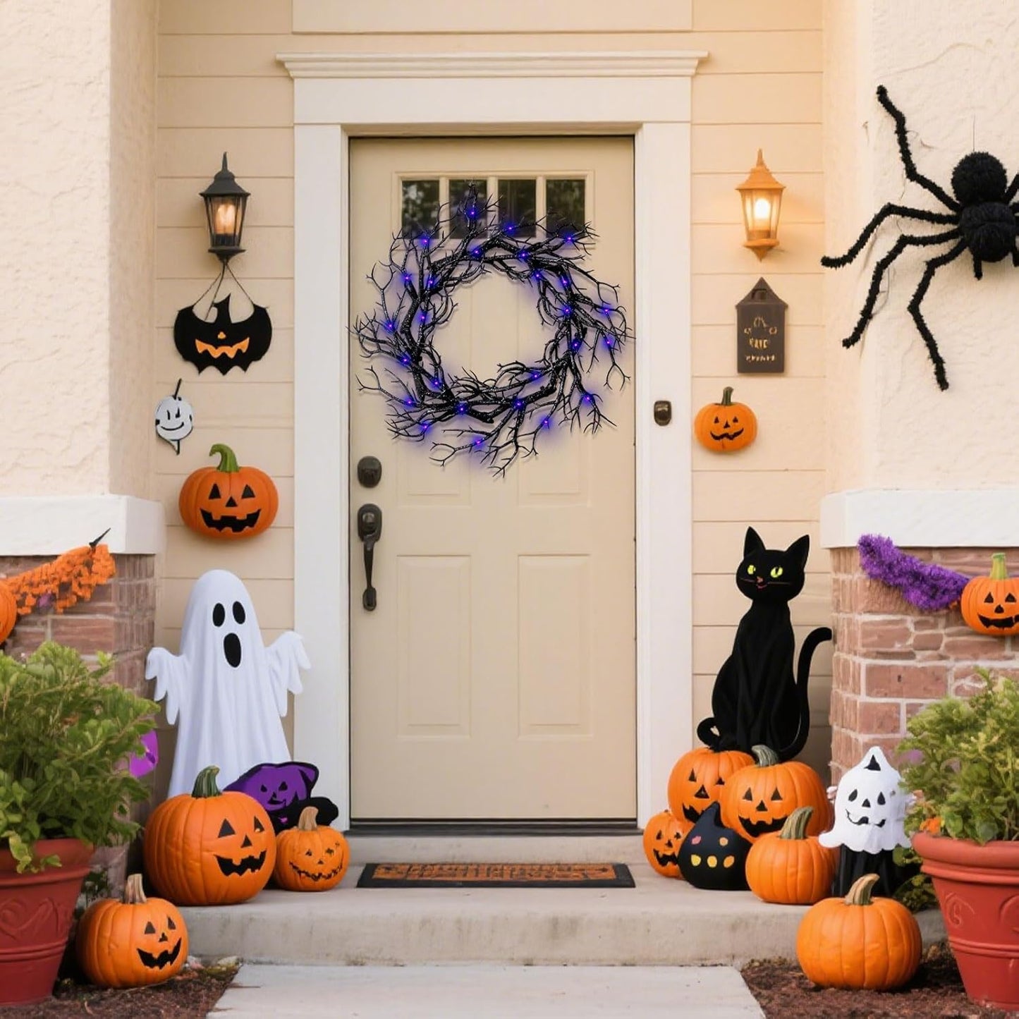 Halloween Black Branch Wreath - 16.5 Inch Glitter Black Twig Halloween Wreaths with Purple Lights for Front Door Indoor Outdoor Party Window Wall Decor Farmhouse Garland Yard