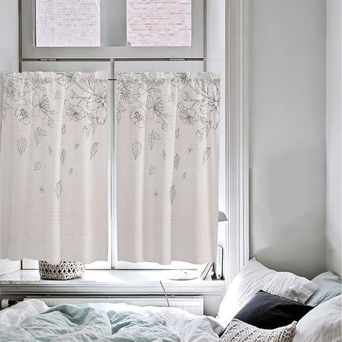 Kitchen Tier Curtains 54 inches Long, Flowers Leaves and Polka Dot Texture on Cotton Linen Window Curtains for Living Room Bath,Rod Pocket Light Filter Drapes Half Window Treatment Tiers 2 Panels