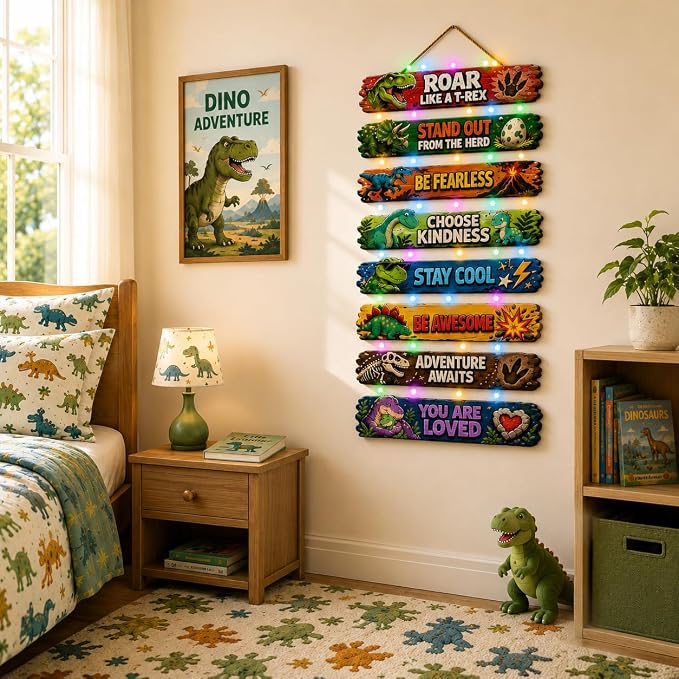 BeautiFan Cool Dinosaur Room Decor Set of 8 with Led Light for Teen boys Kids Toddler, Inspirational Dinosaur Animal Wood Sign Nursery Wall Decor for Bedroom, Dinosaur Lamp Wall Decor Art