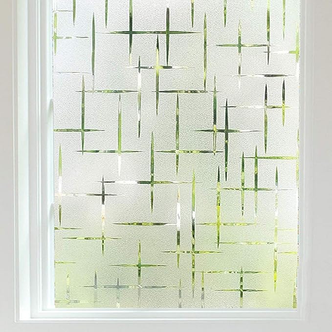 Finnez Frosted Window Film Non-Adhesive, Static Cling Privacy Film for Glass, No Glue Decorative Cling for Home Office Bathroom UV Protection Cross Pattern 11.8 X 118.1 Inches