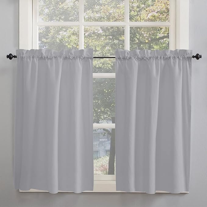 45 Inch Long Tier Curtains for Kitchen, Solid Color Gray Bathroom Window Curtains Rod Pocket Short Curtains Window Treatment Tiers for Living Room Farmhouse 2 Panels