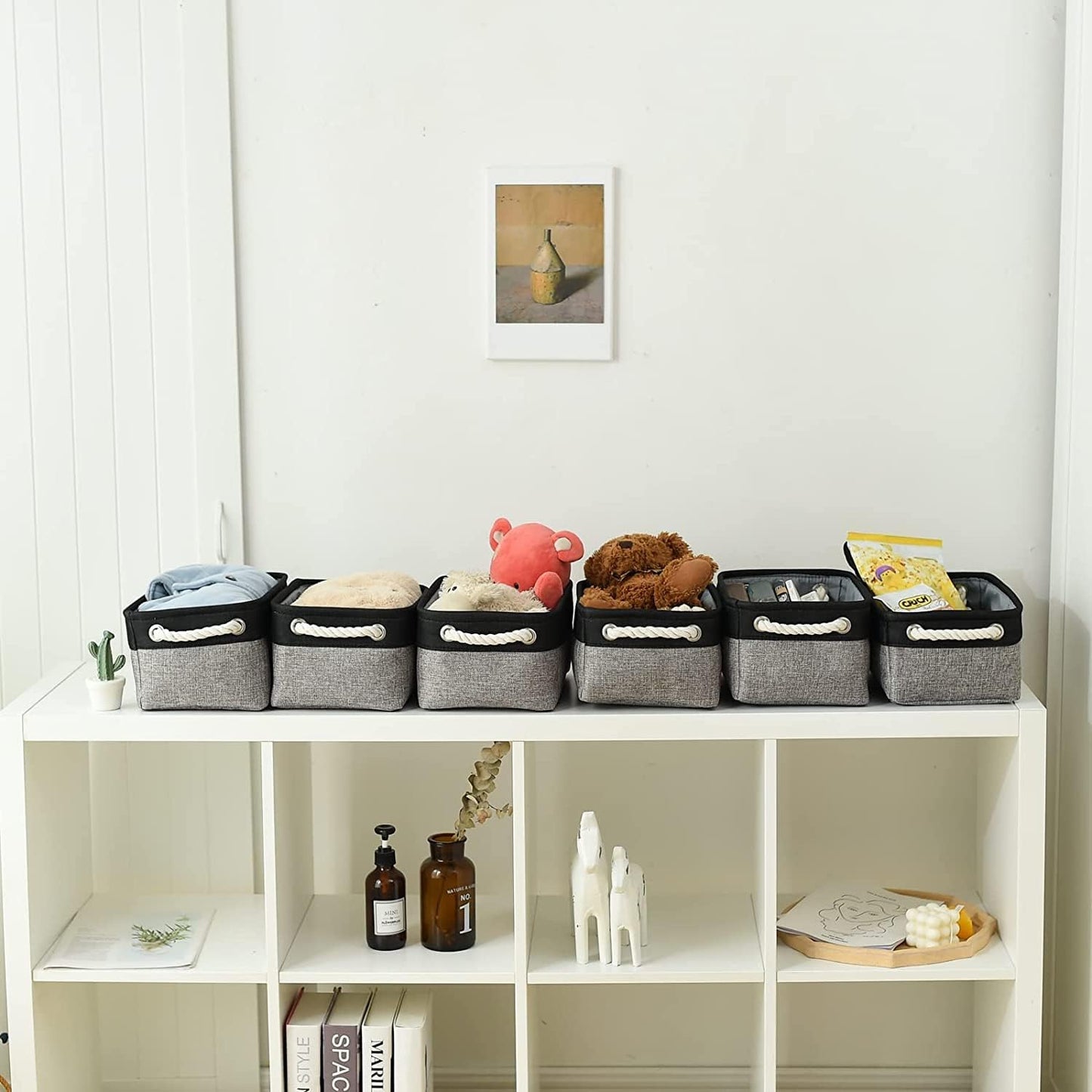 TheWarmHome Storage Basket for Organizing - 12x8x5.2 inch 1 Pack Fabric Storage Cubes, Baskets for Gifts Empty for Closet Organizer Dog Gift Cloth Toy (Grey & Black)