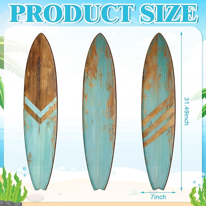 Yookeer 3 Pcs Surfboard Wall Decor,36" x 12" Large Wooden Coastal Beach Wall Decor Set, Aesthetic Cute Beachy Tropical Surf Board Art for Room Bedroom Decoration(Blue,Rustic)