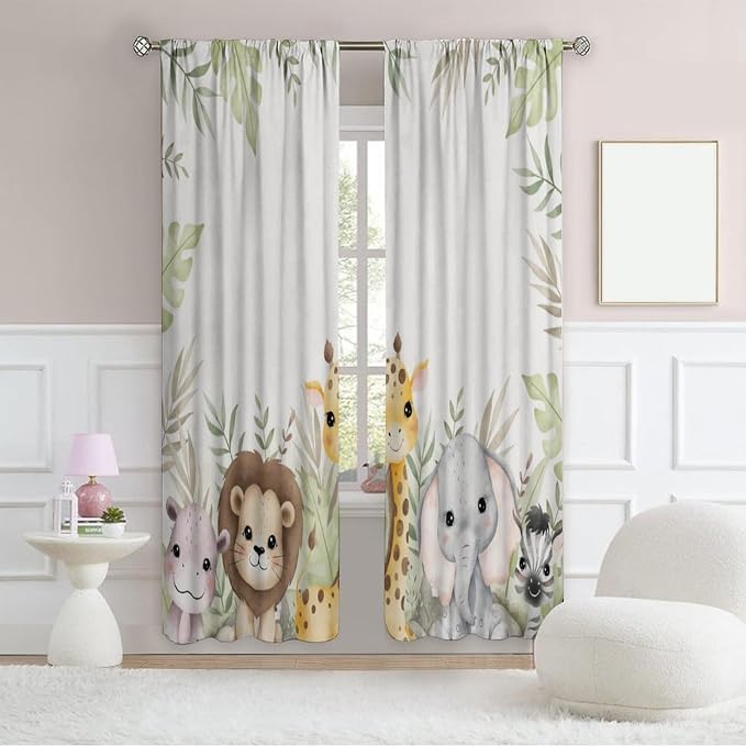 Nursery Curtains Jungle Safari Theme with Giraffe Print, Kids Room Classroom Decor, 42x54 Inches, 75% Blackout Fabric for Baby Nursery, Animal Cub Design, Easy Install & Machine Washable