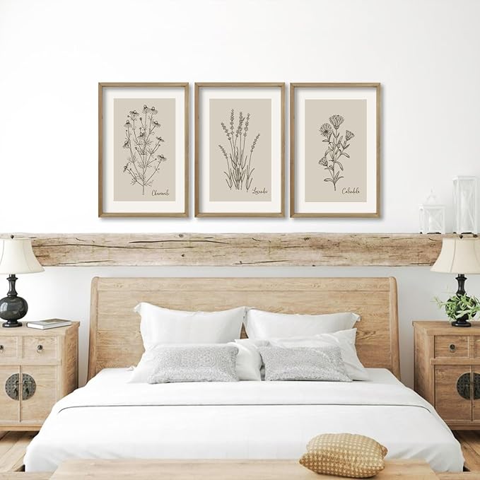 TQianJiang Vintage Botanical Wall Art 16"x11" Set Of 3 Wood Framed Wildflower Pictures Wall Decor for Bedroom Minimalist Wall Hanging (Wood)