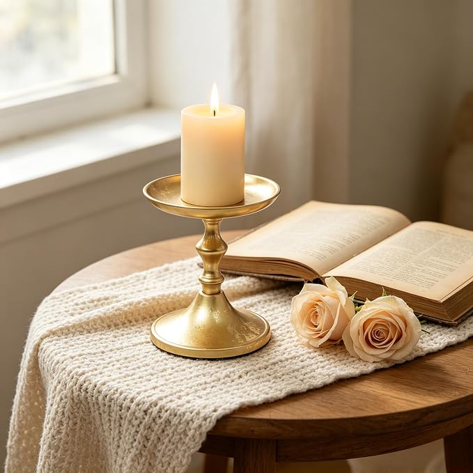 Hosley Aluminum Metal Decorative Pillar Candle Holder Gold Finish for Candles or Display, 5Inch High - Ideal for Weddings, Parties, Events, Home Decor, Gifts, Elegant
