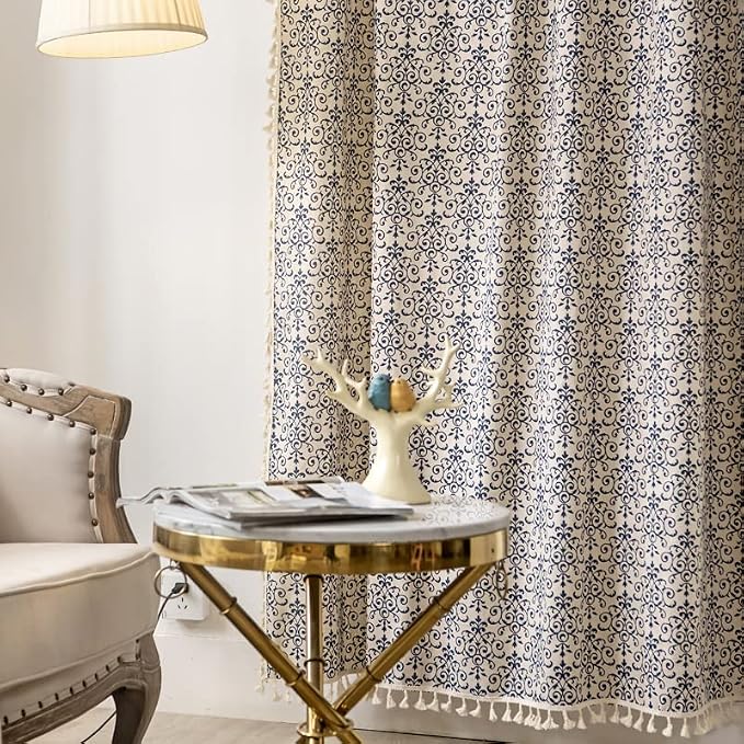 Sutuo Home Boho Curtain 84 Inches Length Semi-Blackout Bohemian Damask Moroccan Florals Print Darkening Curtains Tassels, Rod Pocket Window Treatment Drapes for Bedroom, 1 Panel 59" W x 84" L, Blue