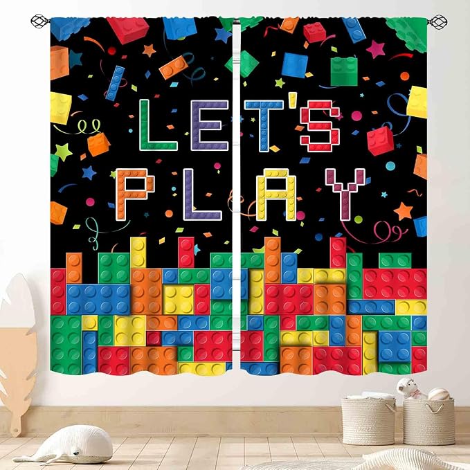 Kids Boys Curtains for Bedroom, Colorful Building Blocks Plastic Brick Pattern Abstract Contour Printed Blackout Drapes for Boys Room Living Room Nursery Party Decor 2 Panels, 84"x63" Inch