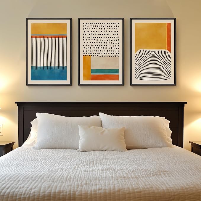 Framed Colorful Abstract Wall Art for Living Room, 3 Piece Mid Century Modern Canvas Paintings Prints Artwork for Walls, Large Modern Triptych Pictures Wall Decor for Bedroom Home Office, 16x24 Inch