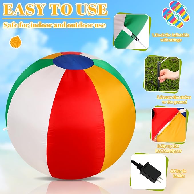 VIHOSE Summer Inflatable Beach Ball Outdoor Decoration 4 ft Summer Blow up Inflatable Pre-lit LED Lights Beach Party Decor for Outdoor Yard Garden Tropical Pool Decor Party Supplies