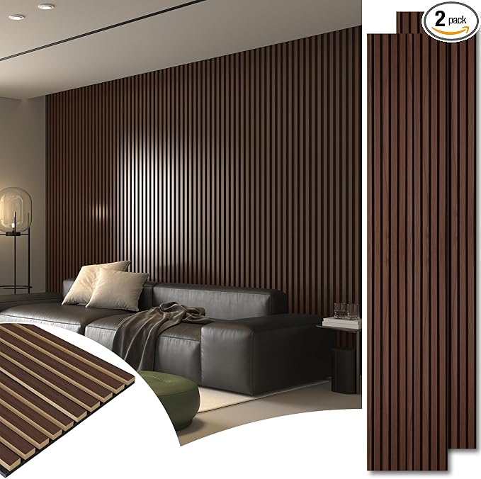 Art3d 2-Pack 104" x 15.75" Acoustic Slat Wood Wall and Ceiling Panels, Fluted Modern Sound Absorbing Panels, Dark Walnut