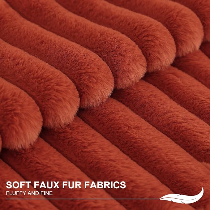 Pallene Faux Fur Plush Fall Throw Pillow Covers 18x18 Set of 2, Luxury Soft Fluffy Striped Decorative Pillow Covers for Sofa, Couch, Living Room, Rust