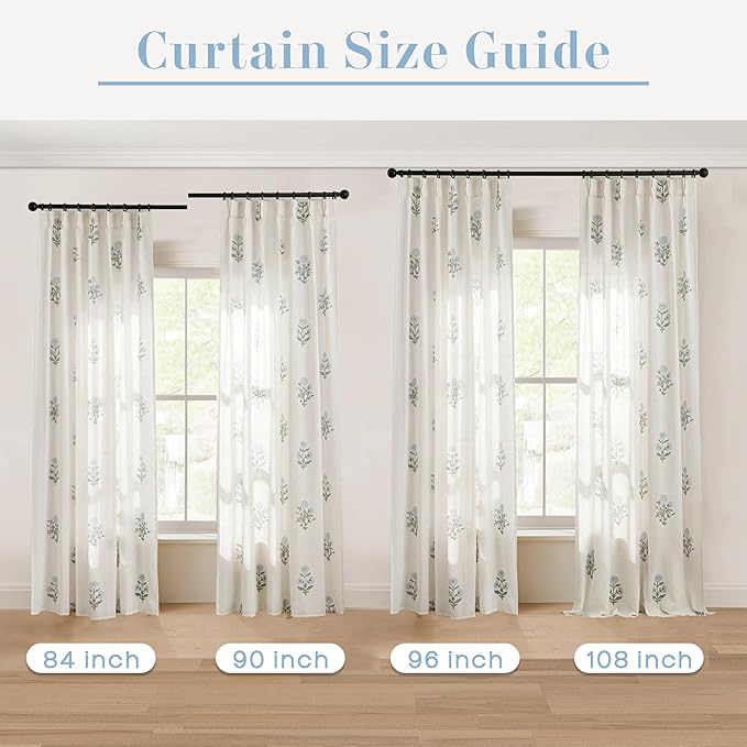 Blue Green Floral Linen Farmhouse Curtains, 84 Inch French Country Cottage Core Light Filtering Pinch Pleated Drapes, Vintage Block Print Pattern Sheer Panel for Living Room Bedroom Sliding Glass Door