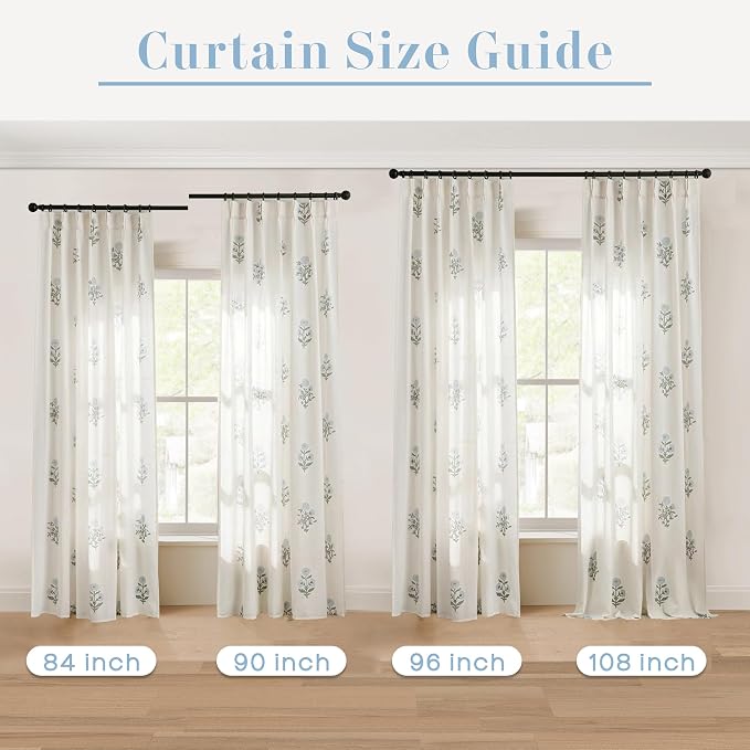 Floral Pinch Pleated Linen Curtains 96 Inch Long 2 Panel Set, Blue Green Grand Millenial Coastal Farmhouse Light Filtering Pleat Drape, Indian Block Print Patterned Sheer Panel for Living Room Bedroom