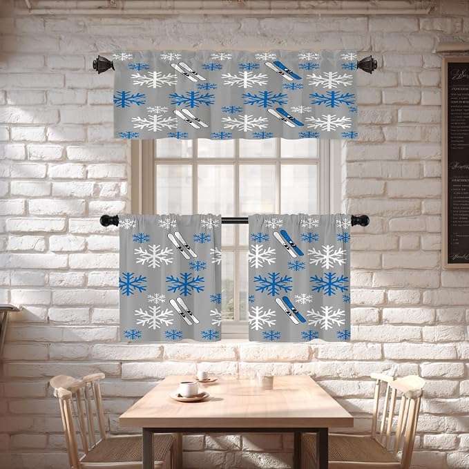 Shrahala Snowflakes Skis Blackout Curtain Tiers, Winter Sports Themed Pattern Kitchen Valance Light Blocking Tier Drapes with Rod Pocket, 2 Pack 26 X 36 in