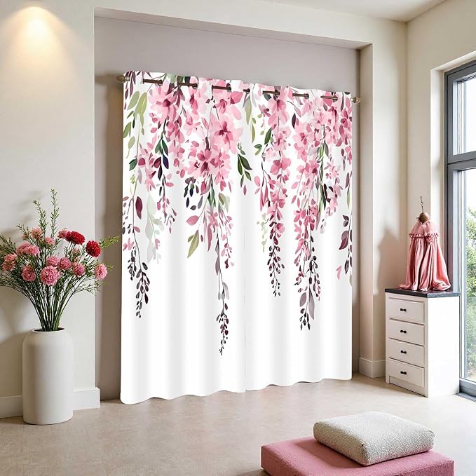 Pink Watercolor Floral Curtains, Botanical Leaves Vine Flowers Curtain, Rustic Farmhouse Flower Leaf Blackout Window Treatment Drapes for Bedroom Living Room 52x96 inch, 2 Panels