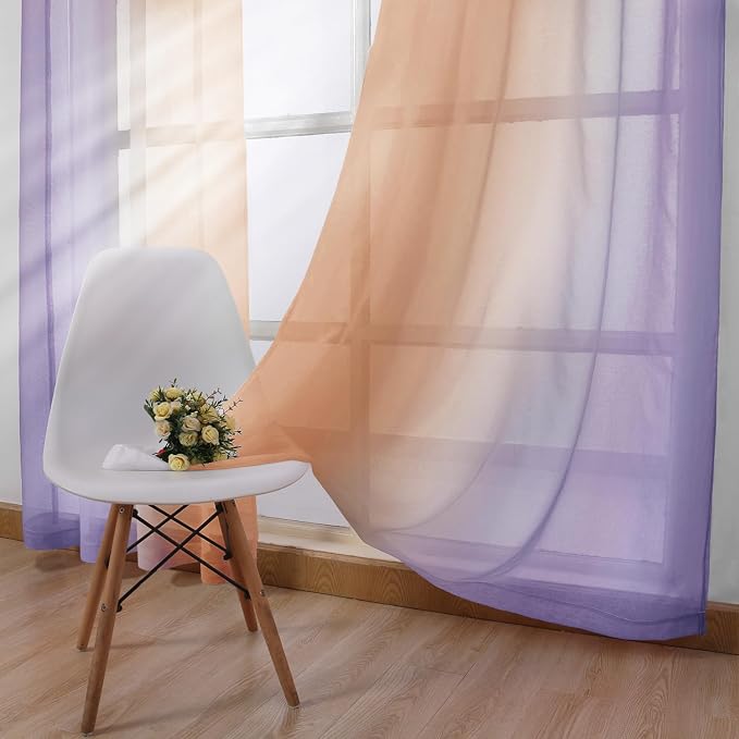 DWCN Ombre Sheer Curtains - Faux Linen Semi Voile Grommet Top Gradient Curtains for Bedroom and Living Room, Set of 2 Window Curtain Panels, 52 x 84 Inch Length（Pink and Lalic Purple