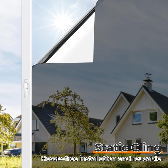 DOWELL Window Privacy Film, One Way Window Tint for Home, Static Cling Anti UV Sun Blocking Reflective Mirror Film, Heat Control See Out Not in Glass Tinting, Black Silver, 23.6" x 157.5"