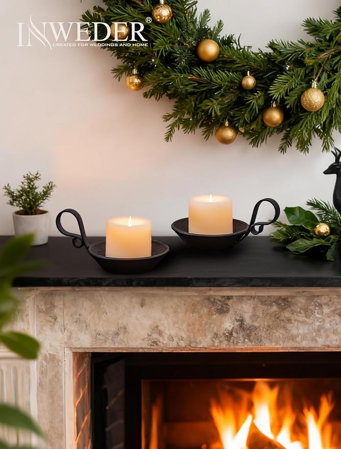Iron Pillar Candle Holder: Vintage Black Candle Plate with Handle | Heavy Cast Iron, With Safety Spike for 3.3" Pillar, Gothic Decorative Stand for Halloween, Dining Table, Christmas, Set of 1
