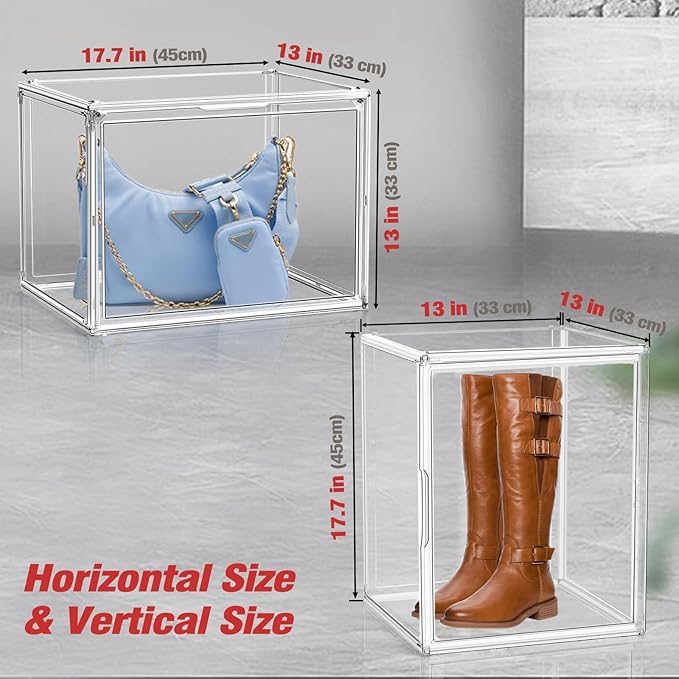 5 Pack XXX-Large Acrylic Handbag Organizer 17.7''x13''x13'' Tall Boots Storage Organizer Clear Big Display Case with Dustproof Magnetic Lid Stackable Plastic Box for Shoes, Helmet, Boots, Figures