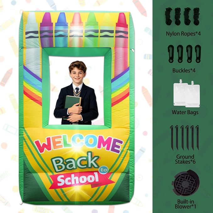 5.9FT Inflatable Crayon Photo Prop, Back to School Party Decoration First Day of School Photo Booth Crayon Selfie Frames for Welcome School Party Decors Outdoor Yard Garden Decor