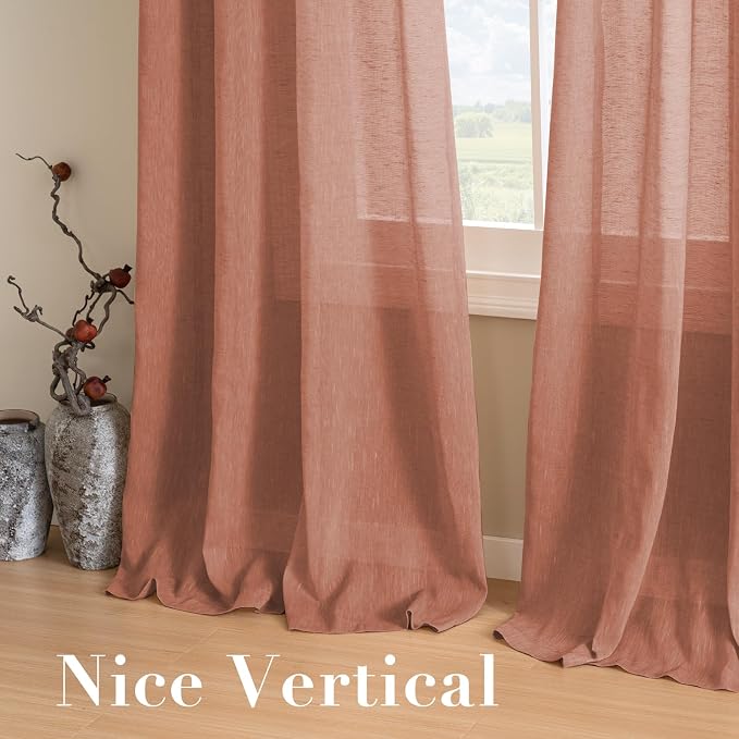 H.VERSAILTEX Linen Curtains Natural Blended Curtain Panels for Living Room/Light Reducing Linen Semi Sheer Curtains 72 inch Length 2 Panels Set Nickel Grommet Window Panels, 52" x 72", Terracotta