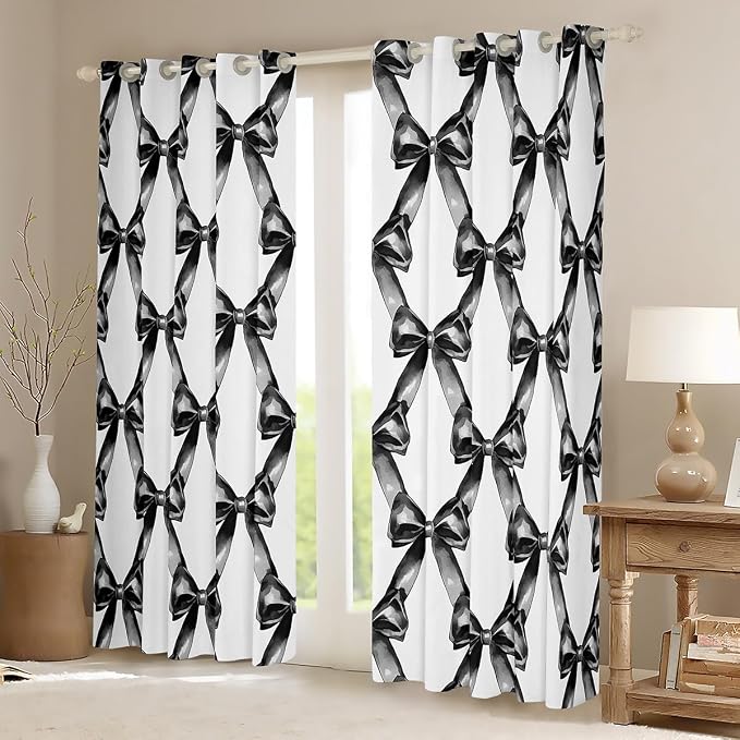 Erosebridal Bowknot Kids Window Curtain Ribbon Bow 42" Wx63 L Curtain for Girls Boys,Black White Bow Knot Window Treatments Geometric Patchwork Modern Butterfly Knot Curtains & Drapes