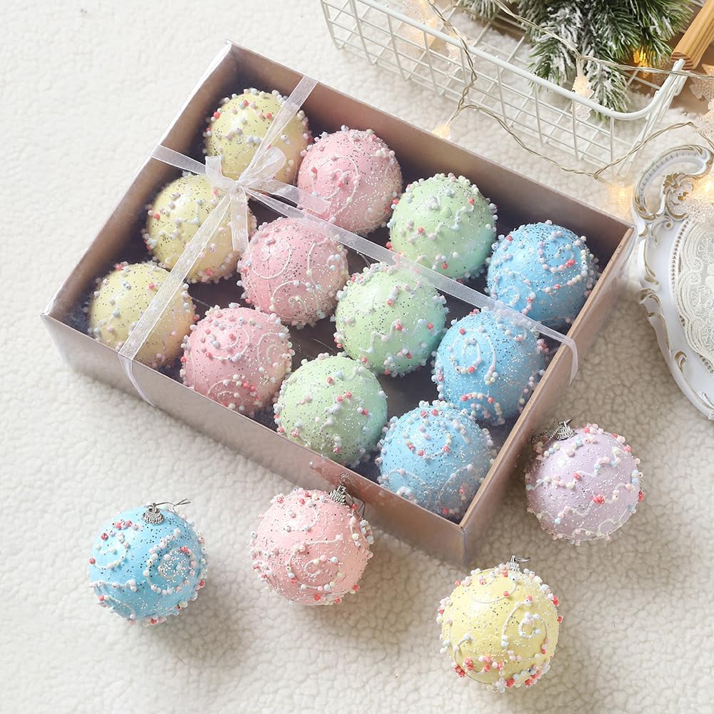 Christmas Tree Ball Ornament Set 12pcs 80mm/3.15inch Macaron Glittering Shatterproof Foam Hanging Christmas Ball Ornaments for for Xmas New Year Birthday Home Party Supplies (Round)