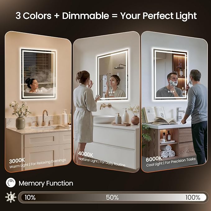 30X36 LED Bathroom Mirror with Lights, Anti-Fog, Backlit + Front Lit, Lighted Bathroom Vanity Mirror for Wall, Memory Function, Dimmable, Tempered Glass, Shatter-Proof