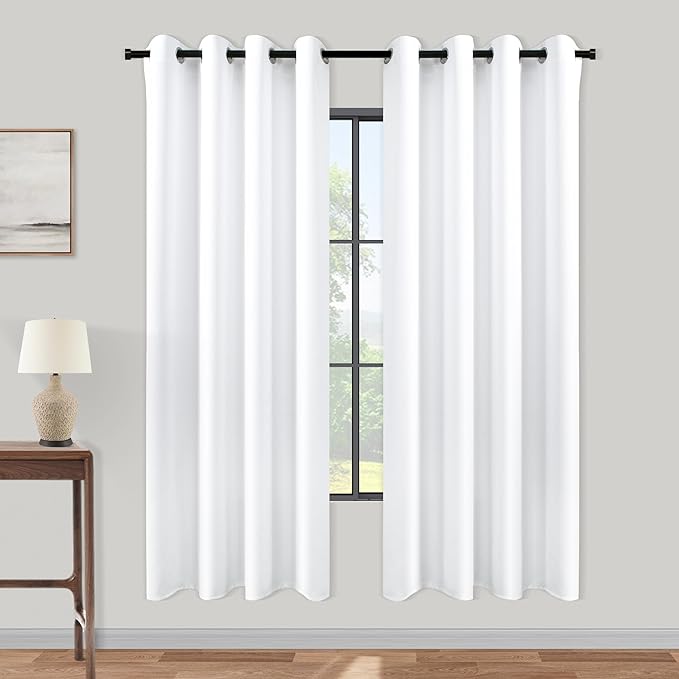 KOUFALL 64 Inch Curtains White Semi Blackout Curtains 2 Panels Set with Grommet Top, Lightweight 60-70% Blackout Opaque Drapes, Energy Saving Simple Curtains for Bedroom Living Room