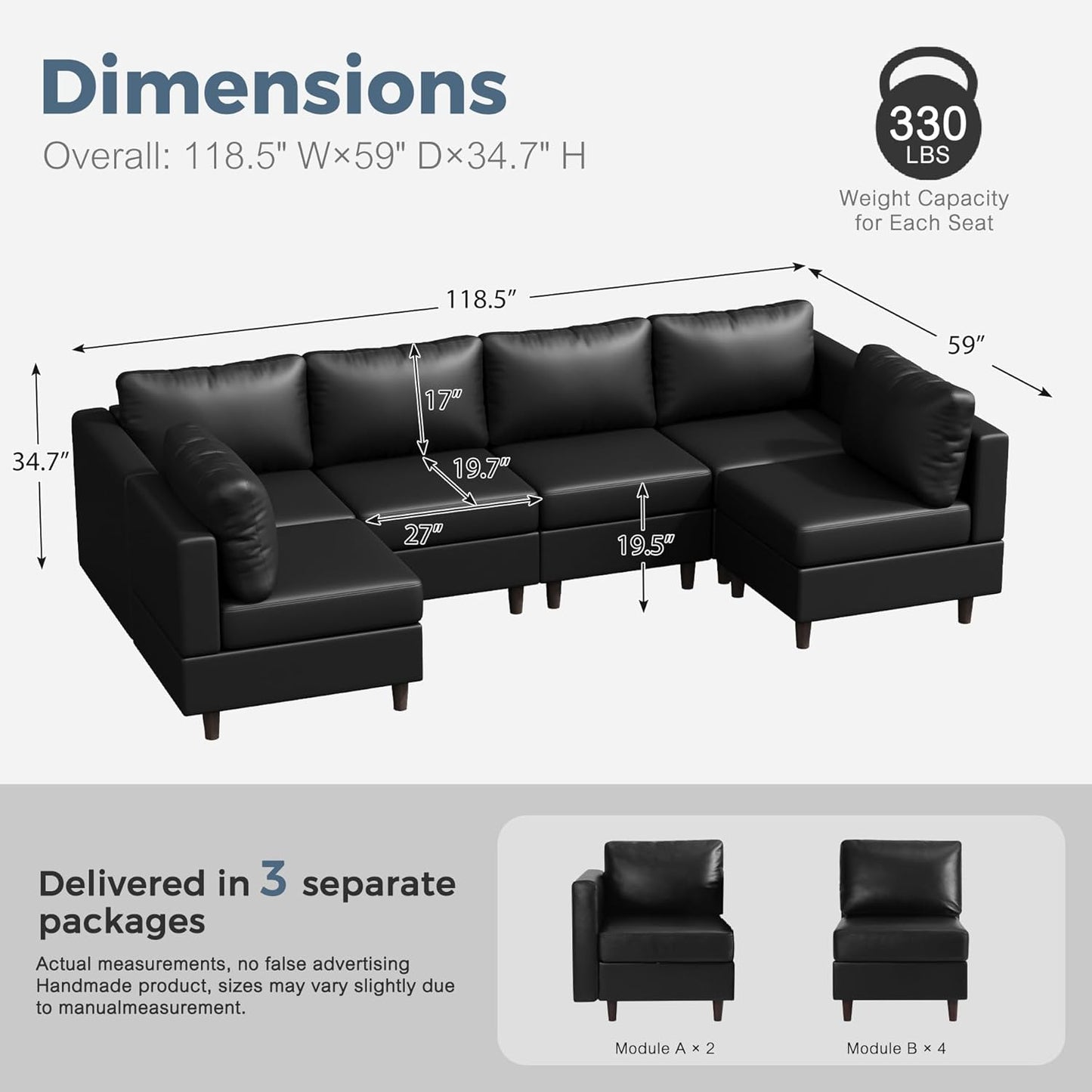 118.5" Faux Leather Modular Sectional Sofa with Storage Seat, Modern 6 Seater Couch Deep Seat with Removable Cover DIY Combination Black