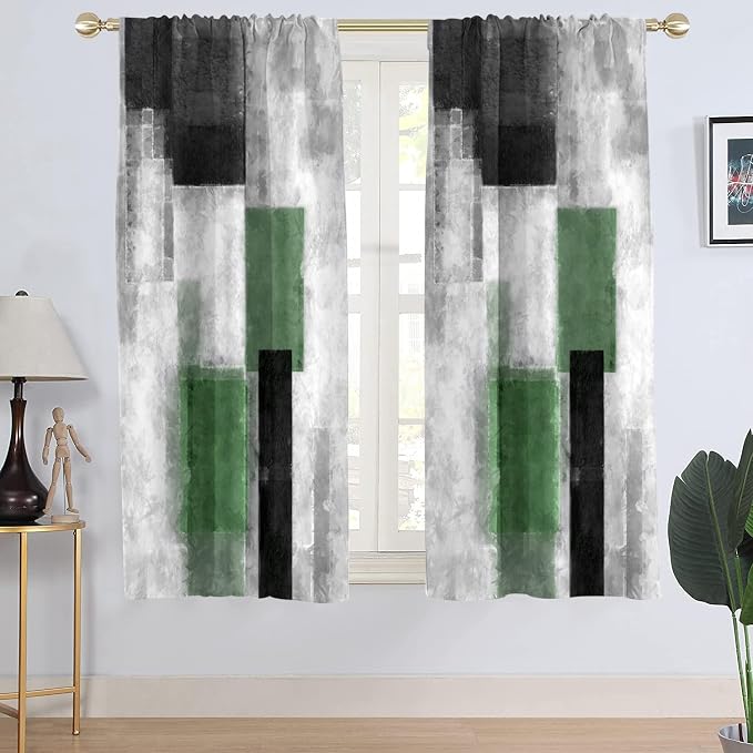 AAtter Green Window Curtain Sage Black and White Plaid Dark Olive Emerald Grey Gray Modern Abstract Living Room Bedroom Rod Pocket Drapes Treatment Fabric 1 Pair Home Decor, 42" W x 63" L, Checkered