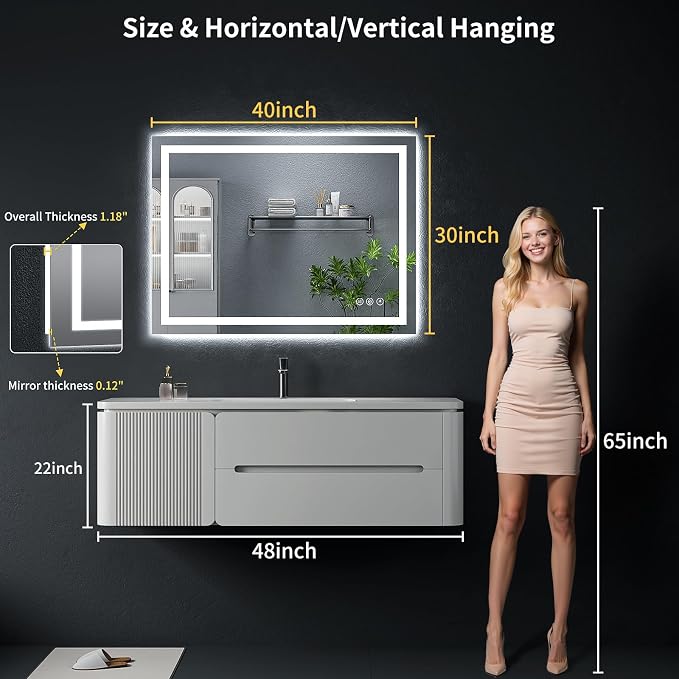 40"x30" LED Bathroom Mirror with Lights, Backlit + Front Lit with CRI>90, Lighted Mirror for Bathroom, Anti-Fog, Dimmable Brightness, 3 Colors, Memory Function, Shatterproof Tempered Glass