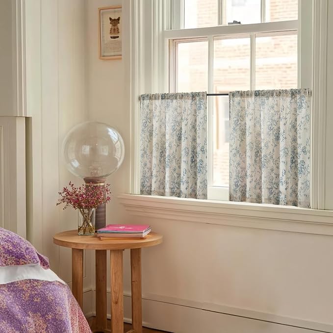 jinchan Floral Linen Tier Curtains Blue Flower on Beige Cafe Curtains 24 Inch Length Kitchen Living Room Bedroom Bathroom Farmhouse Rustic Country Rod Pocket 2 Panels