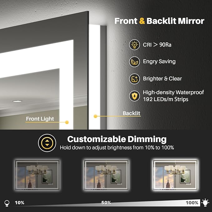 Briivue 36x30 Inch LED Bathroom Mirror with Lights, Backlit & Front Lit, Anti-Fog Lighted Bathroom Vanity Mirror for Wall, Memory Function, Dimmable, HD Tempered Glass, Shatter-Proof