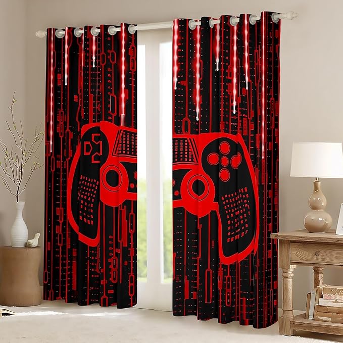 Feelyou Kids Boys Red Gamer Window Curtains Light 3D Gaming Darkening Drapes Gamer Blackout Curtains for Gamepad Window Treatments Modern Game (2 Panels, 52 x 90 Inch)