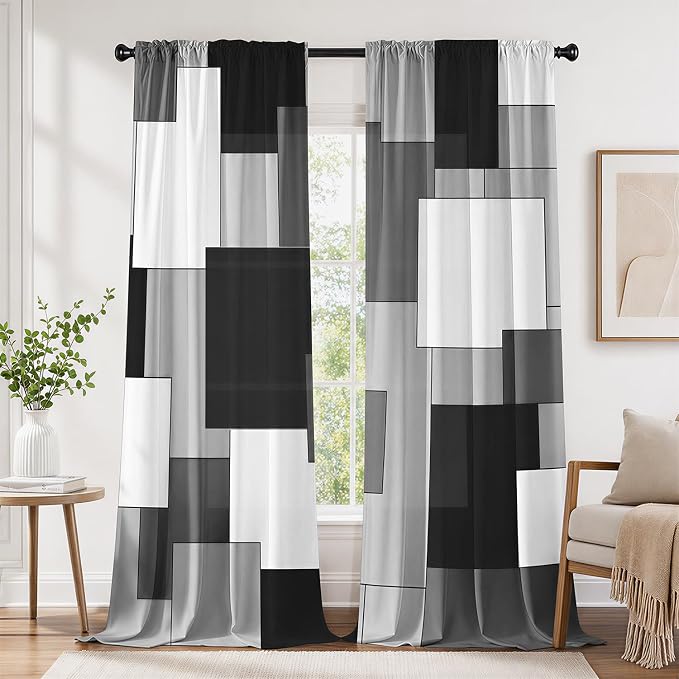 Black and Grey Curtains for Living Room 84 Length Geometry Curtains Modern Black White Gray Abstract Rod Pocket Curtain for Bedroom Kitchen Room Window Drapes 2 Panels