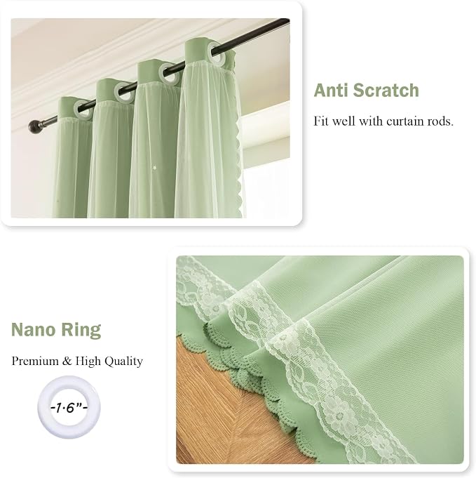2 Panels Green Star Blackout Curtains 120 Inches Long, Privacy Light Filtering Cute Drapes for Kids Bedroom, Thick Grommet Double Layer Nursery Princess Curtains for Glass Door (40"W x 120"L)