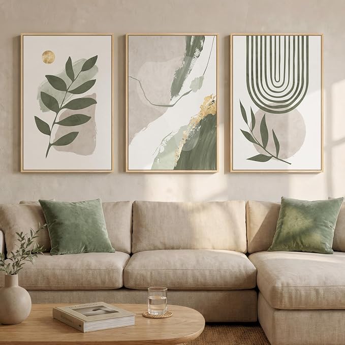 3 Piece Large Framed Abstract Boho Wall Art for Living Room, Minimalist Sage Green Plant Canvas Artwork for Walls, Modern Botanical Leaf Prints Paintings for Bedroom Hallway 24x36 Inch